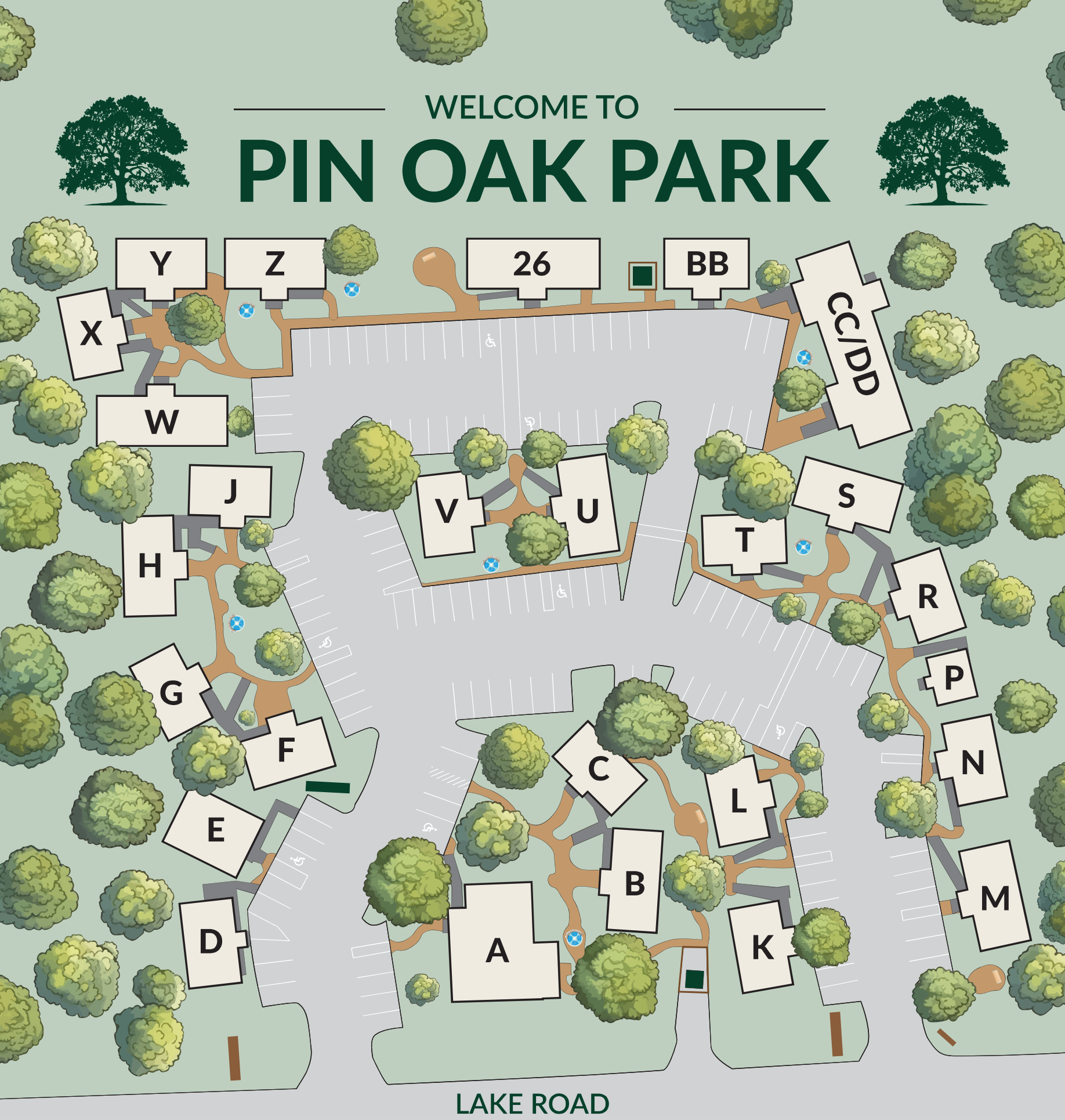 Pin Oak Park site plan showing the layout and labels for every building (A through Z, BB, and CC/DD) along Lake Road